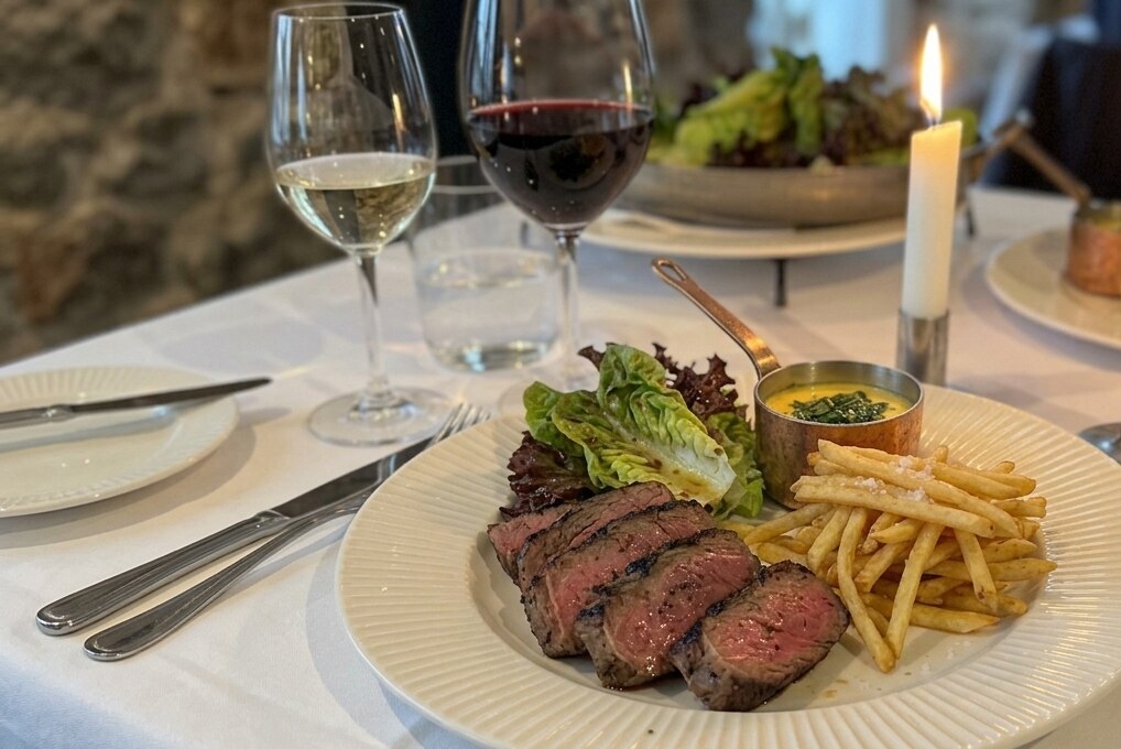 Bøf bearnaise serveret ved levende lys